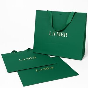 💚 La Mer Extra Large Gift Bags Set of 3 + 2 Satin Ribbons Logo 11x12x5 Used